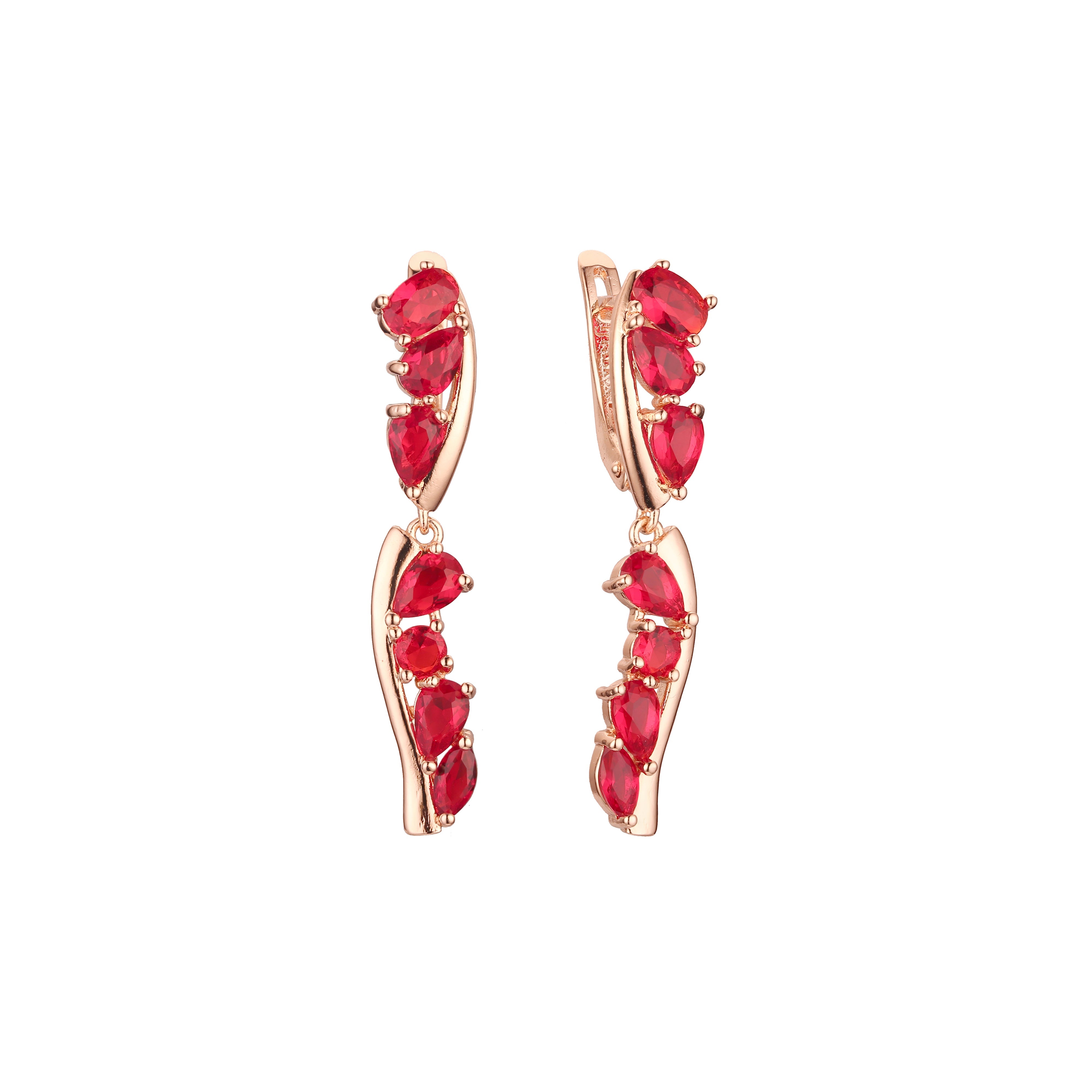 Aretes cluster seis piedras rojas en Oro de 14K, baño de Oro Rosa colores