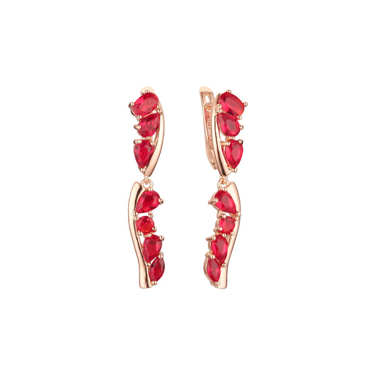 Aretes cluster seis piedras rojas en Oro de 14K, baño de Oro Rosa colores