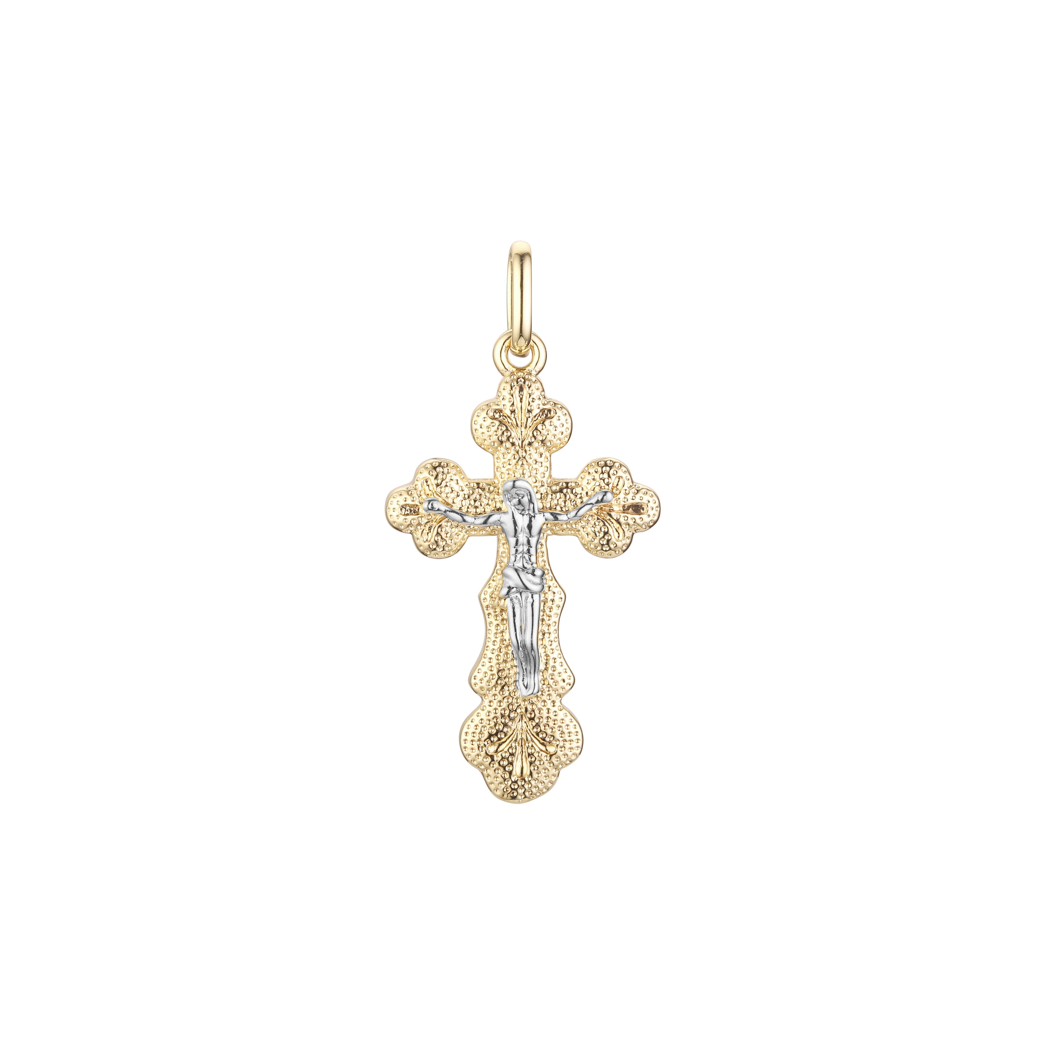 Catholic cross budded pendant in 14K Gold, Rose Gold two tone plating colors