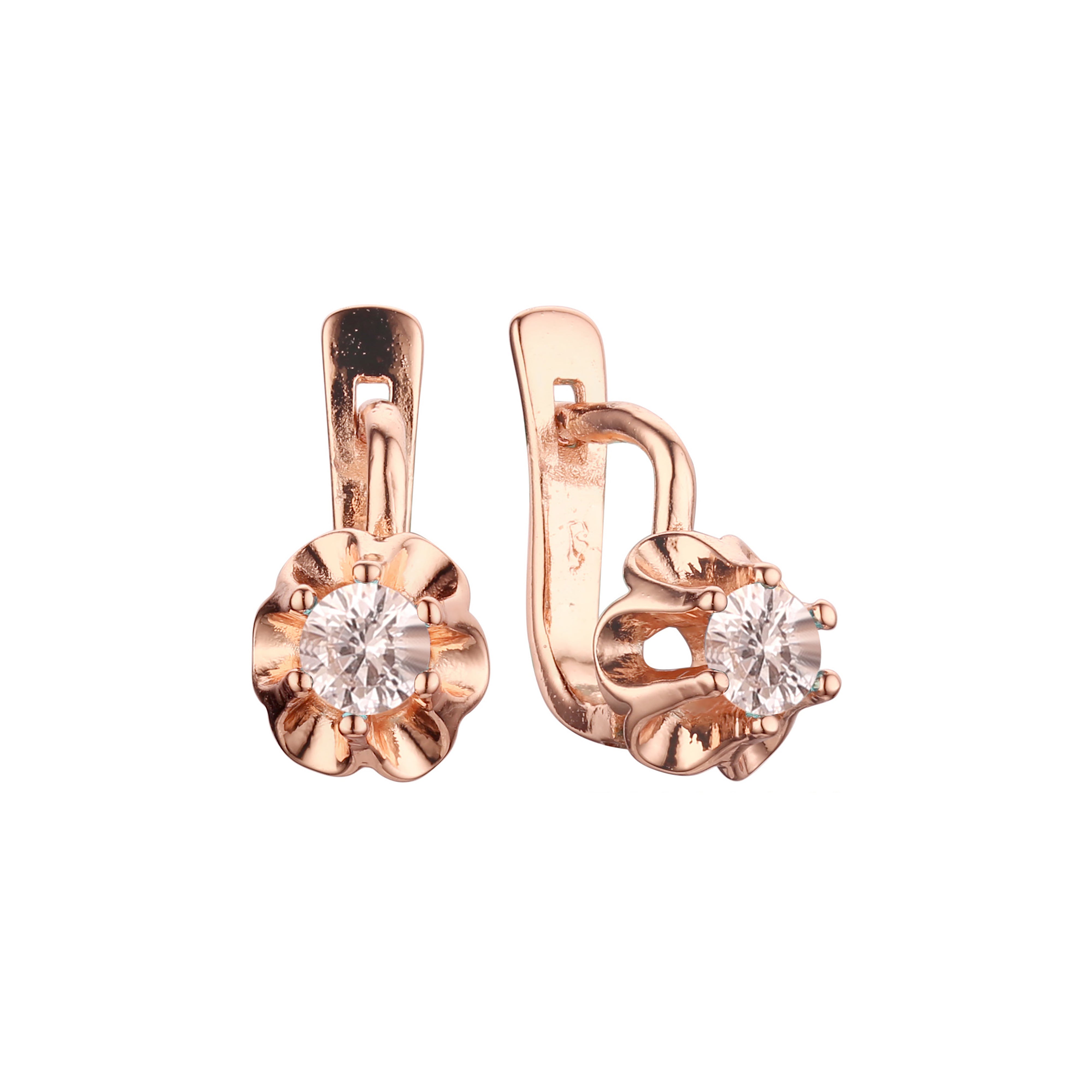 Solitário flor cz ouro 14K, brincos de ouro rosa