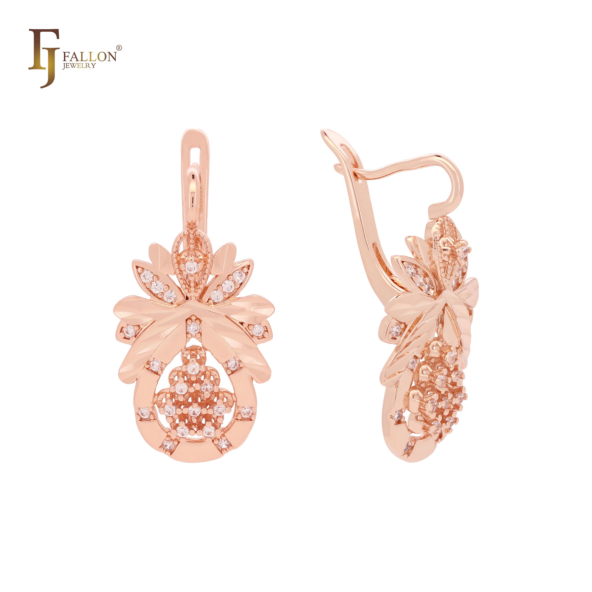 Pineapple flower shape cluster White CZs 14K Gold, Rose Gold Earrings