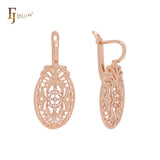 Filigree textured oval shape cluster white CZs 14K Gold, Rose Gold earrings