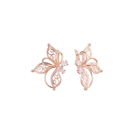 Pendientes mariposa doble piedras en Oro de 14K, baño de Oro Rosa colores