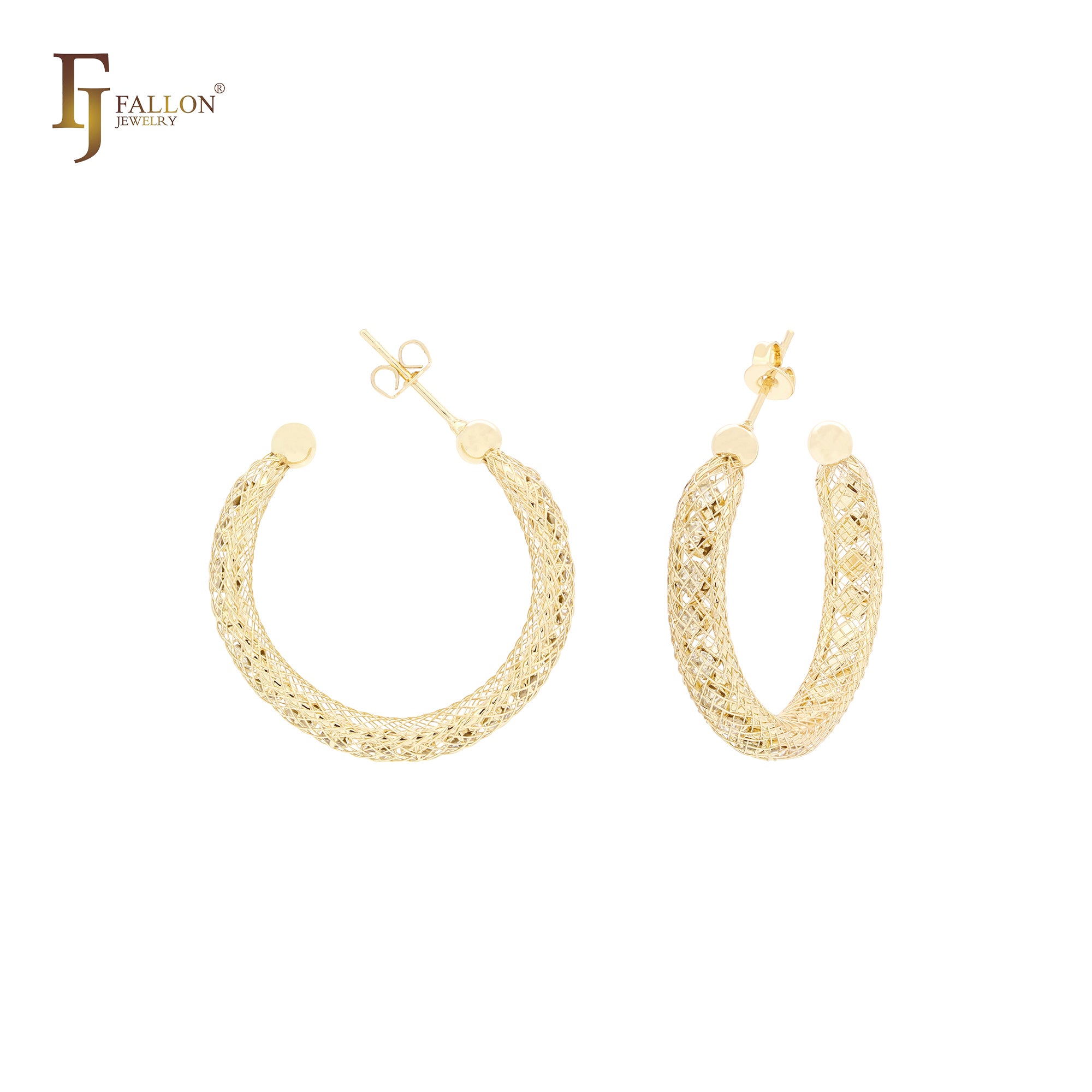 Net cage filigree enclosure white CZs 14K Gold stud earrings