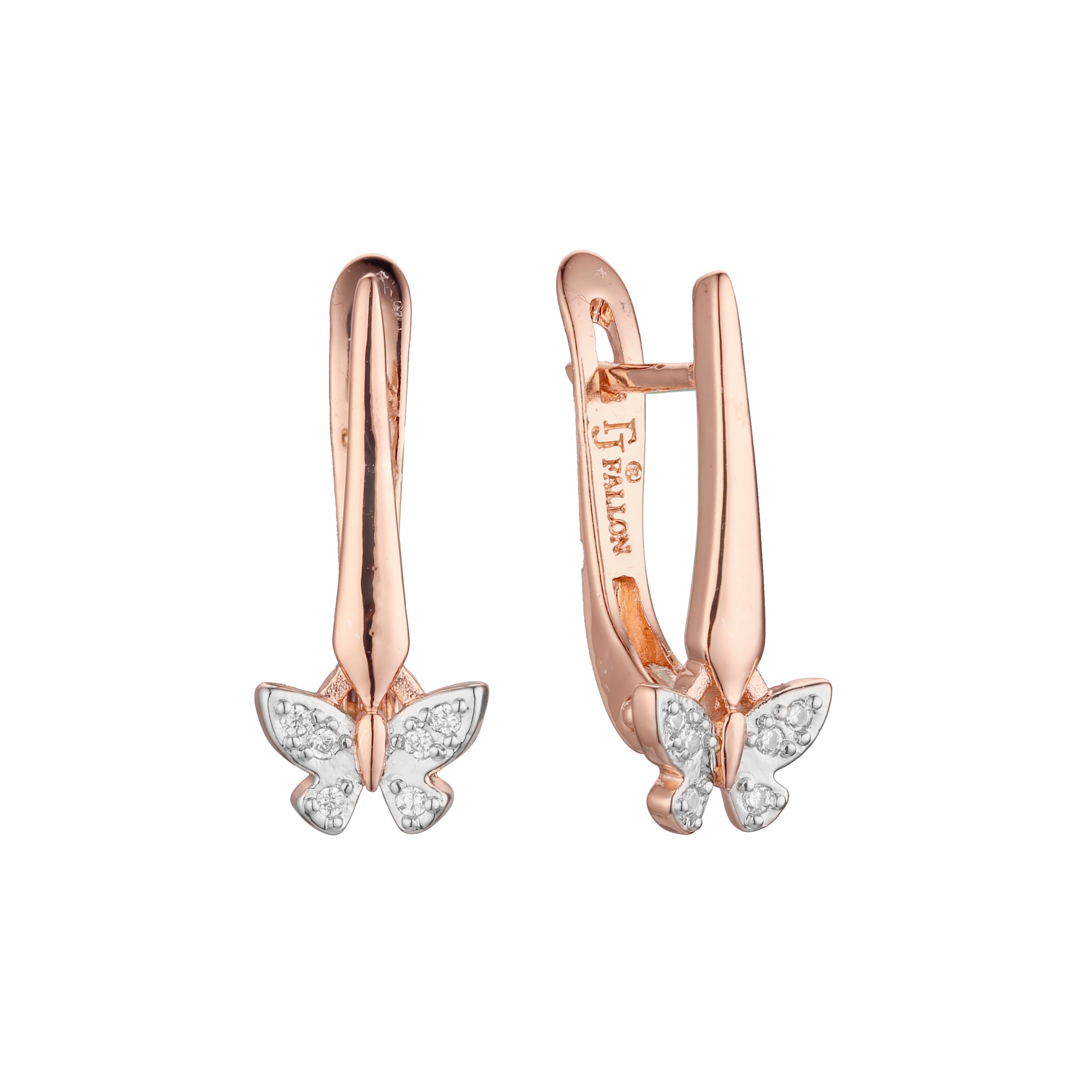 Butterfly earrings in 14K Gold, Rose Gold, two tone plating colors