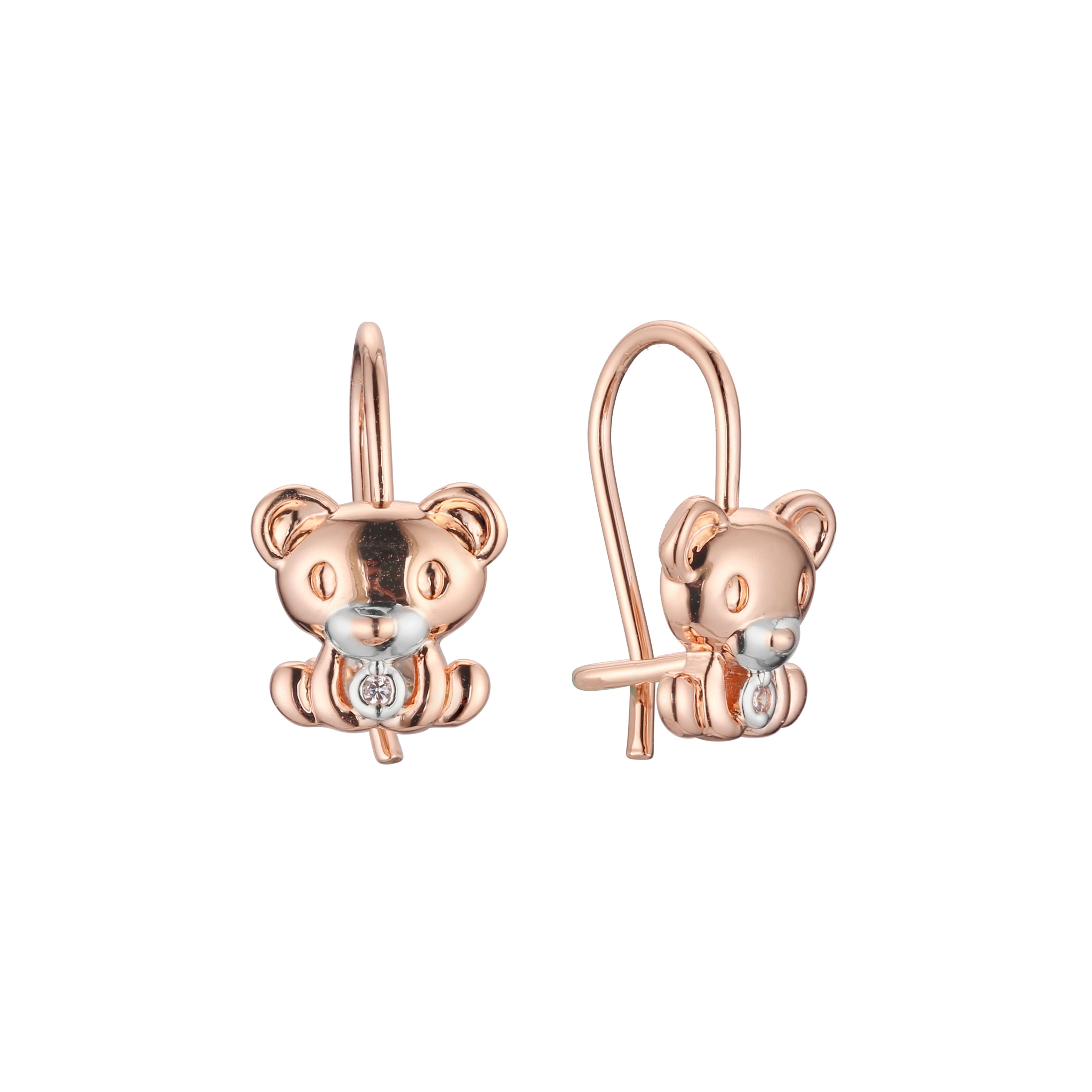 Wire hook bear solitaire child earrings in 14K Gold, Rose Gold, two tone plating colors