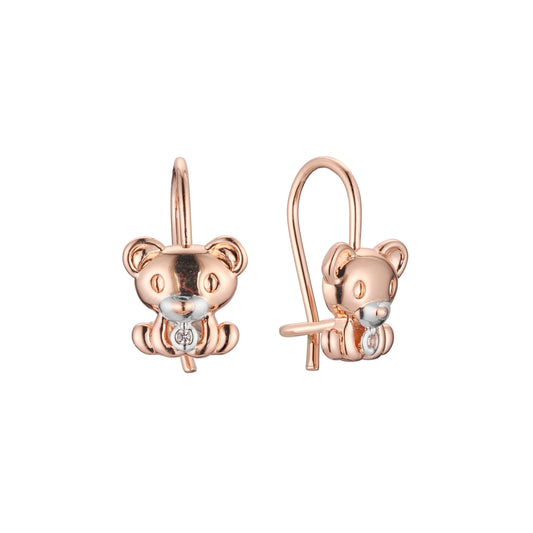 Aretes de gancho de alambre con oso solitario para niño en Oro 14K, oro rosa, baño de dos tonos