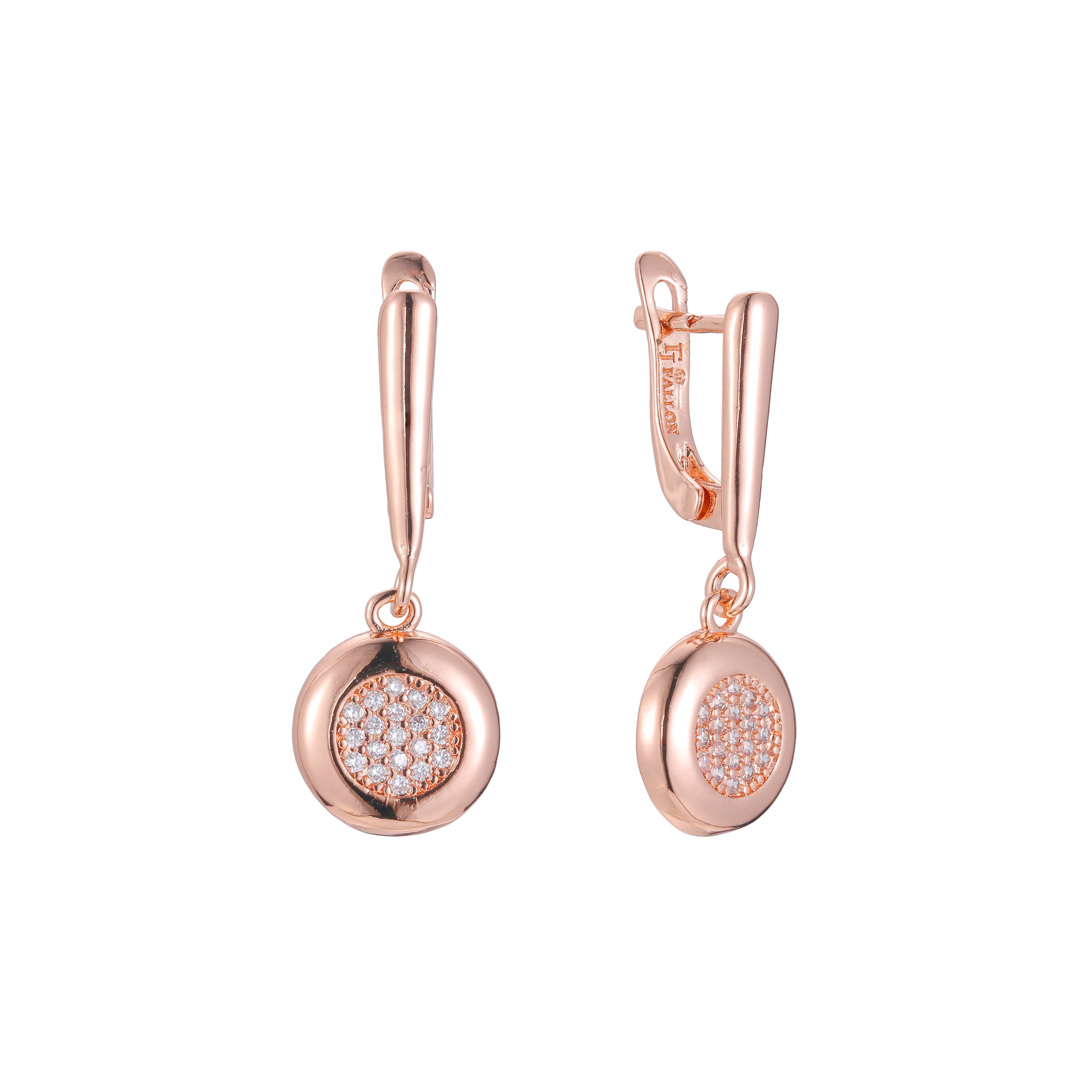 Disc drop earrings in 14K Gold, Rose Gold, two tone plating colors