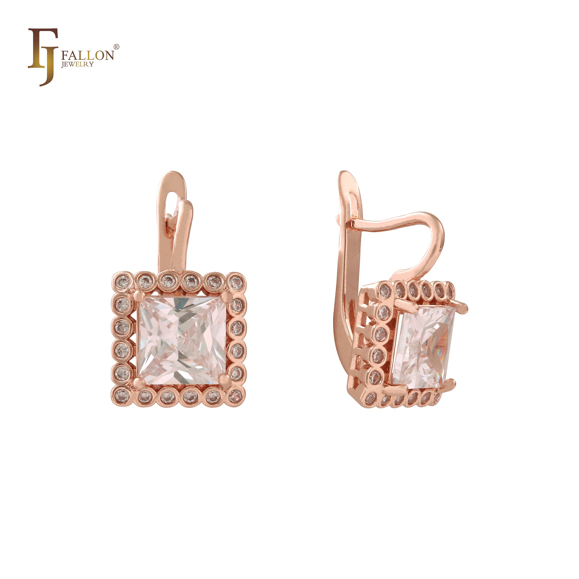 Princess Cut square white CZ Halo Rose Gold, 14K Gold, White Gold Earrings