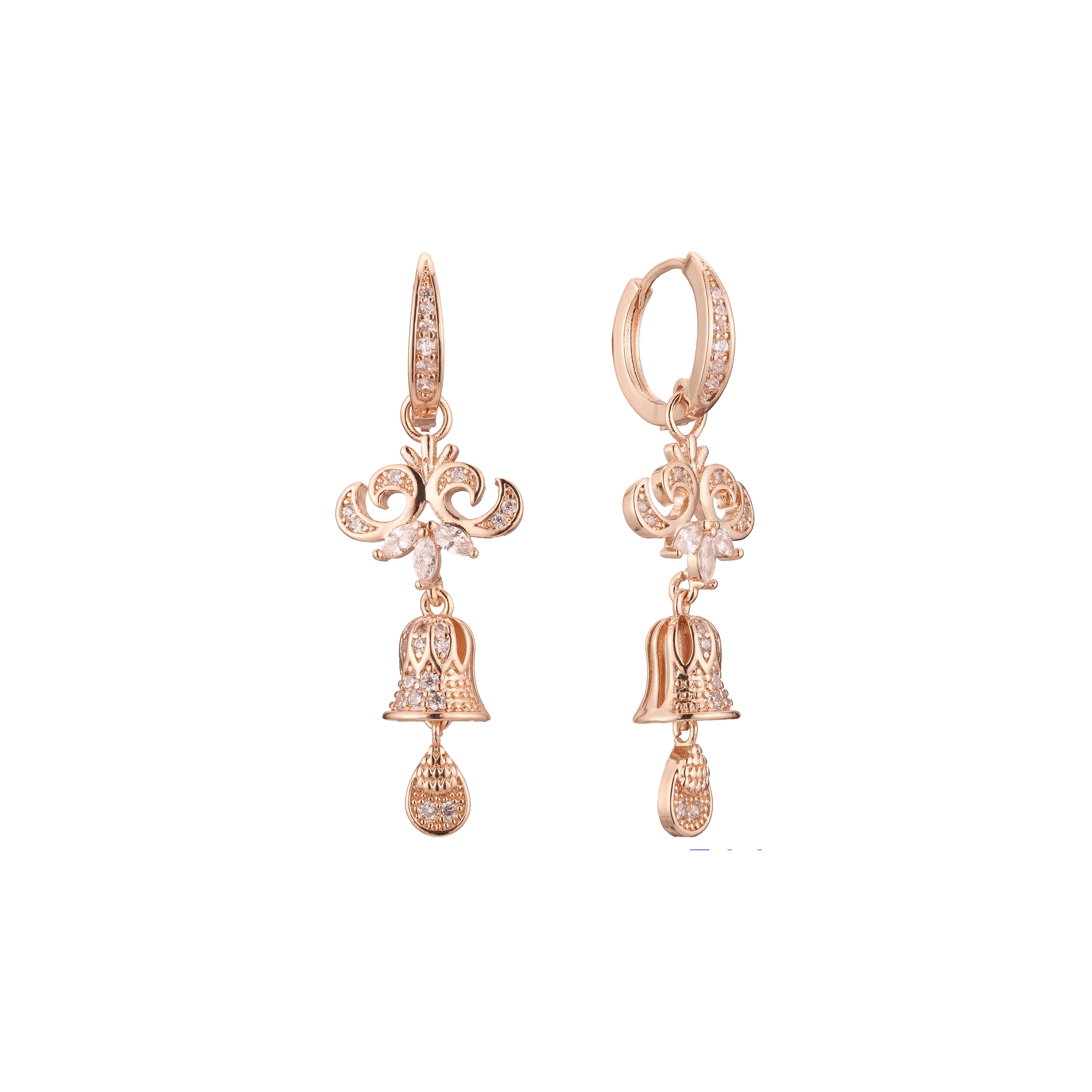 Leaves cluster chandelier drop huggie earrings in 14K Gold, Rose Gold plating colors