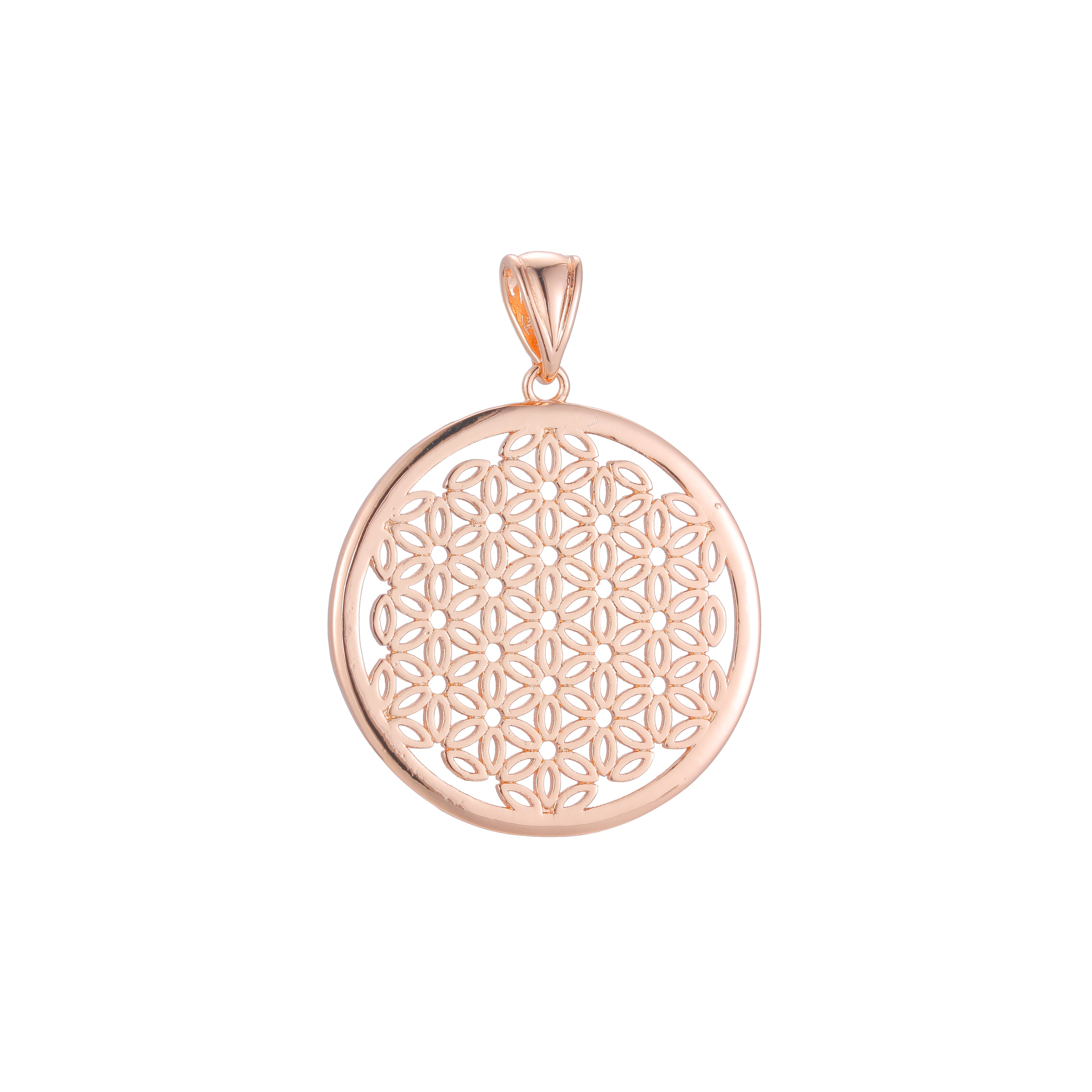 Pingente caleidoscópio de folhas e flores elegante em ouro rosa, cores banhadas a ouro 14K