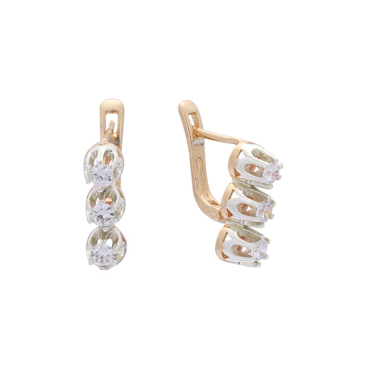 Aretes de tres piedras en Oro de 14K, Oro Rosa, baño en dos colores