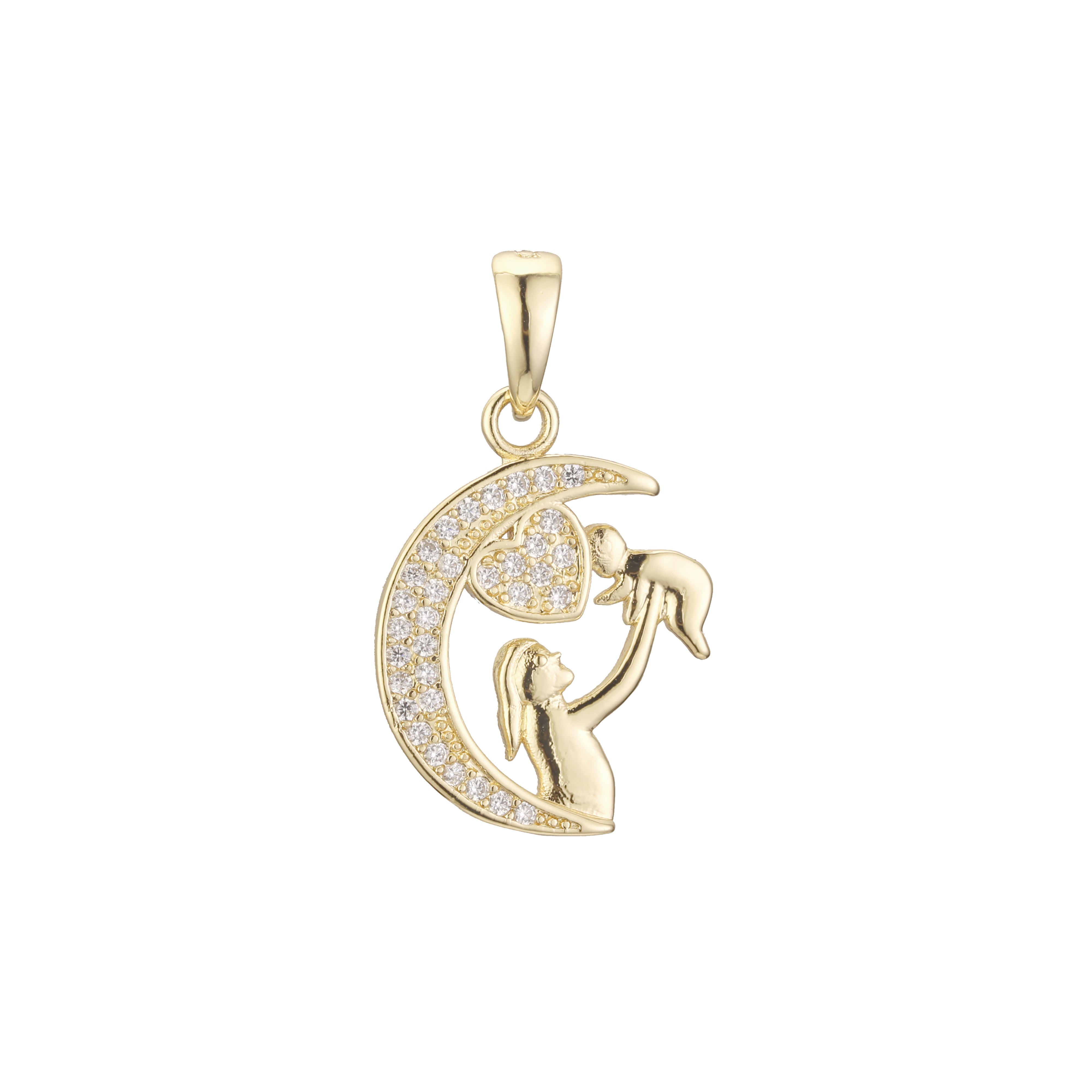 Mom holding kid in a moon with heart pendant in Rose Gold two tone, 14K Gold plating colors