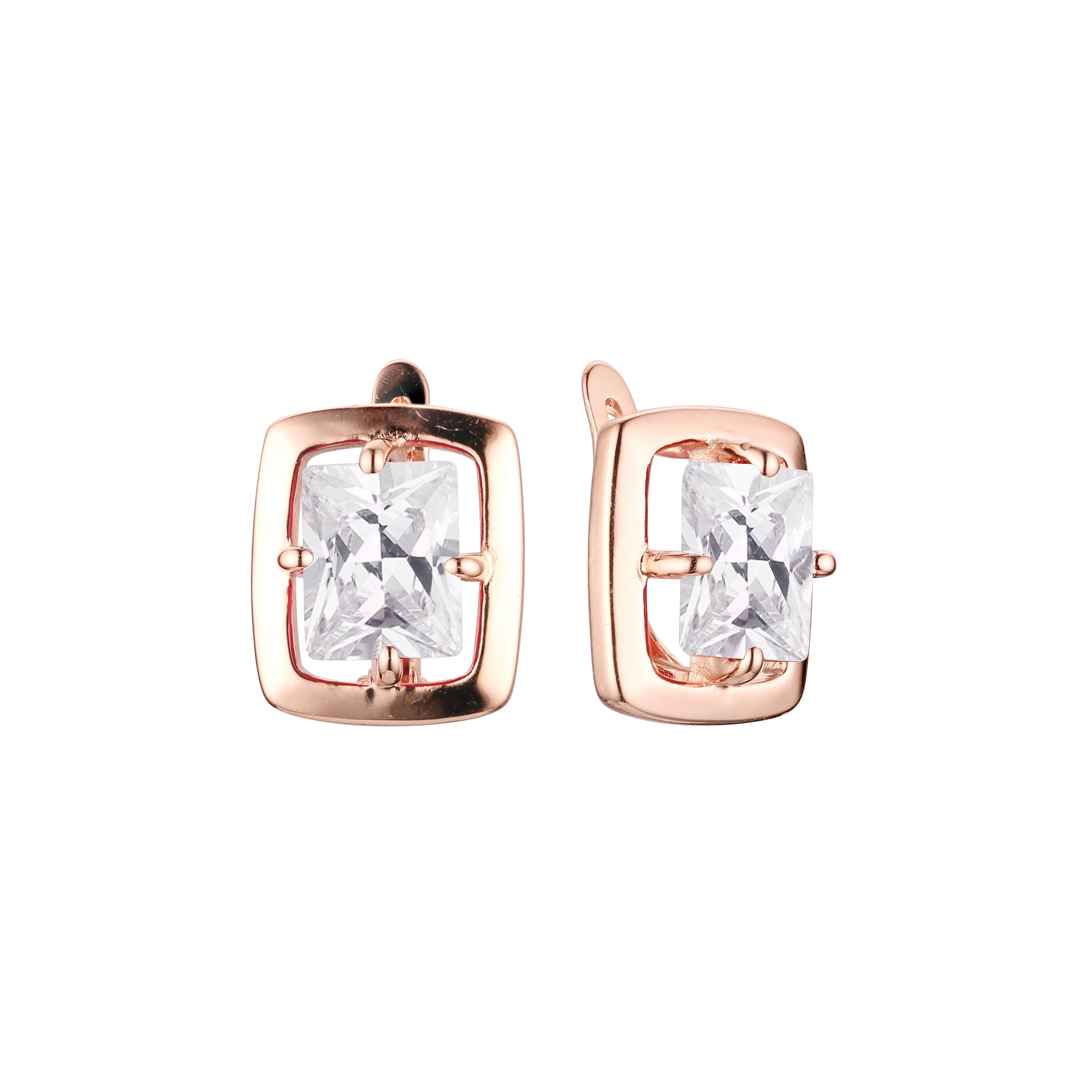 Framed solitaire rectangular big CZ Rose Gold earrings