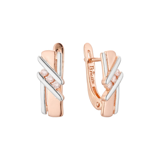 Aretes de tres piedras en Oro de 14K, Oro Rosa, baño de dos colores