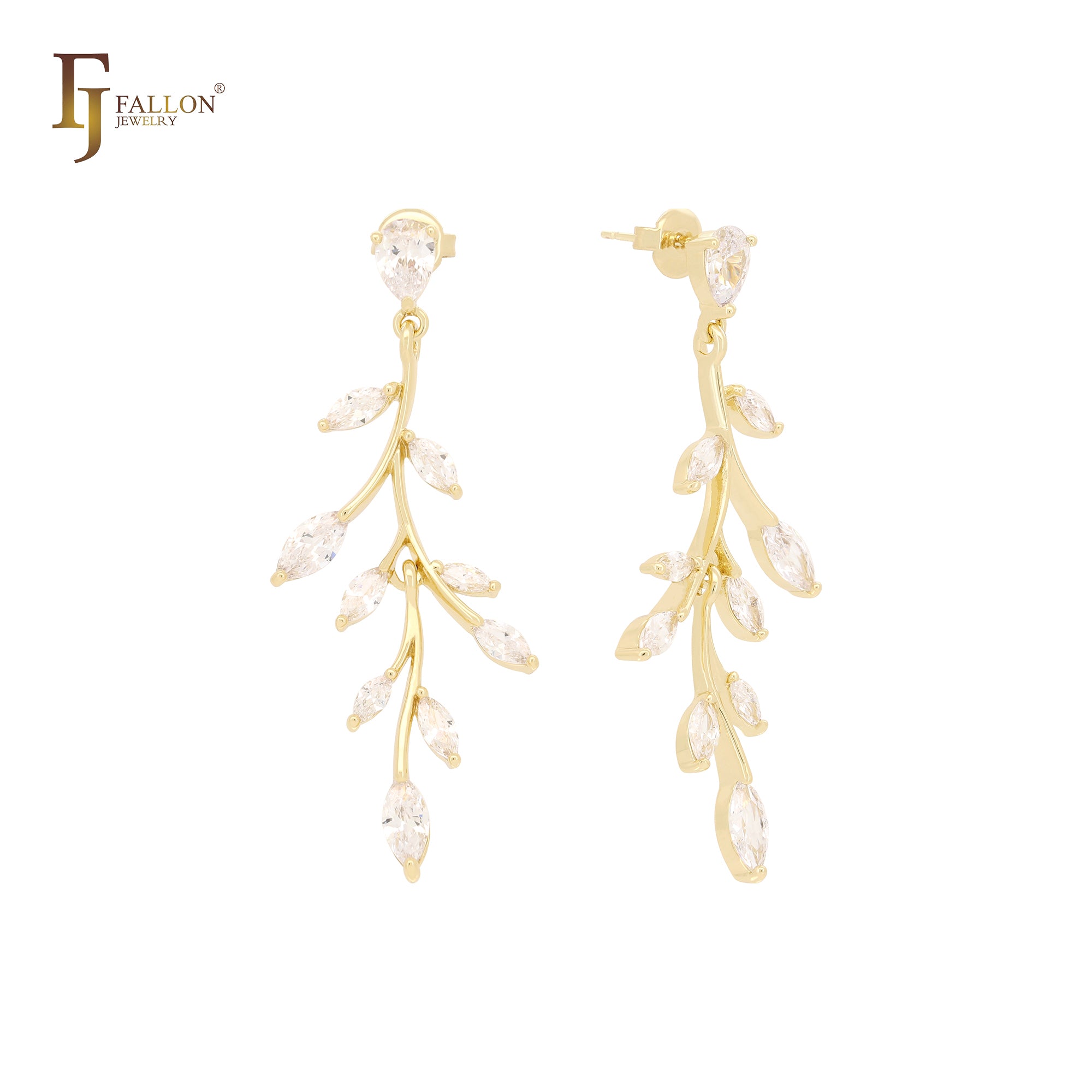 Tree branch with cluster leaves CZs 14K Gold stud earrings