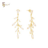 Tree branch with cluster leaves CZs 14K Gold stud earrings