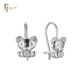 Wire hook bear solitaire child earrings in 14K Gold, Rose Gold, two tone plating colors