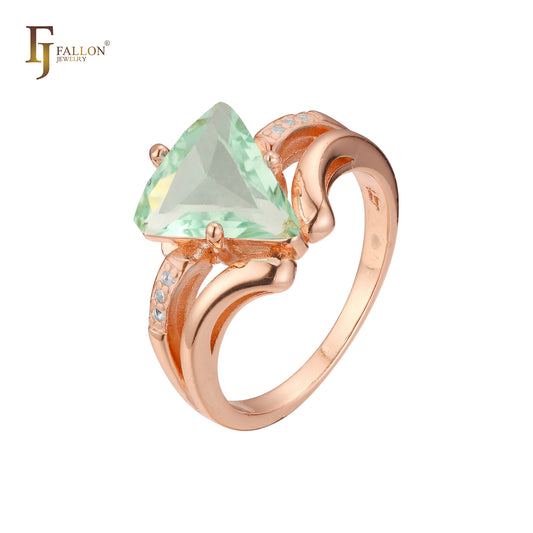 Rose Gold two tone solitaire triangle rings paving stones