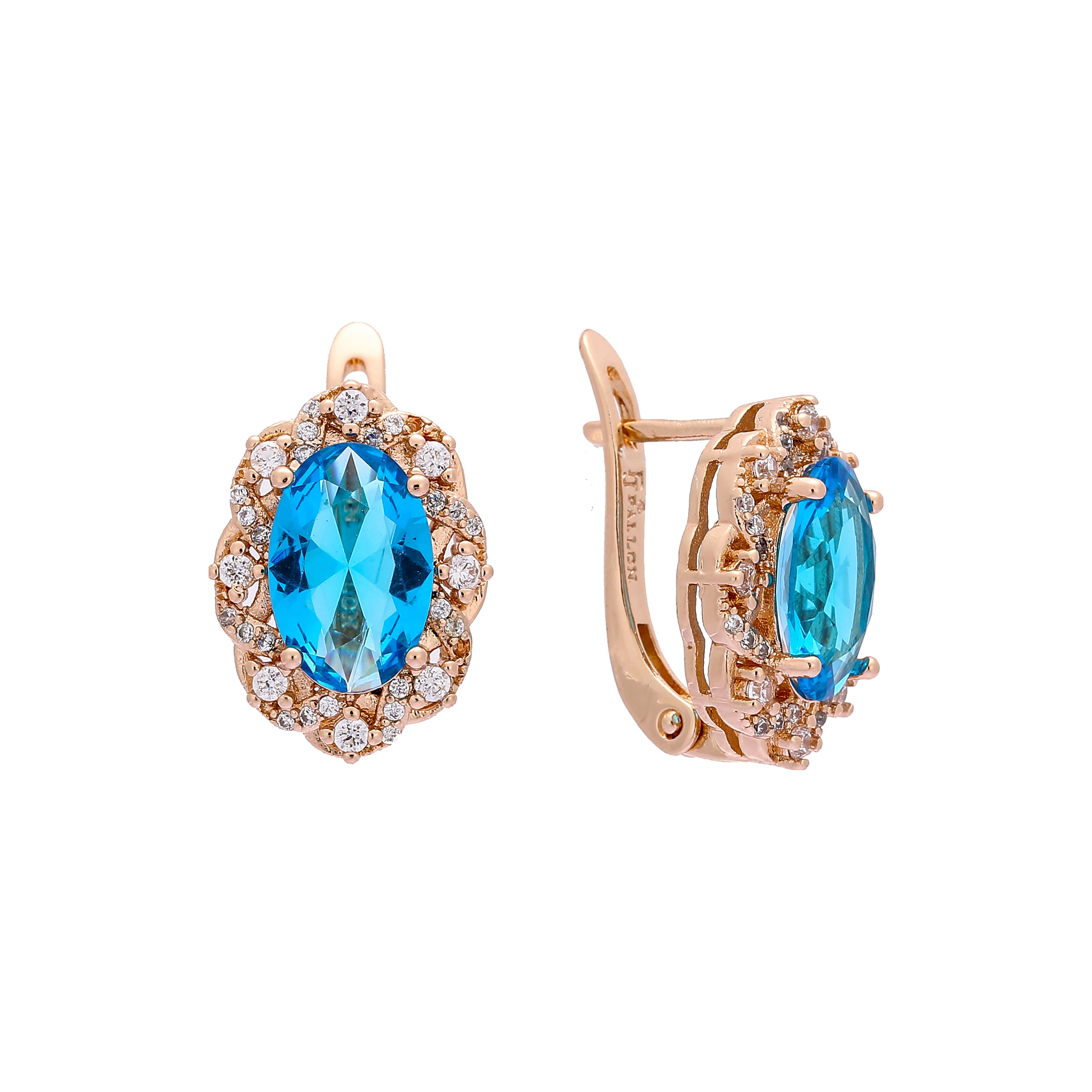 Rose Gold two tone earrings with Lake Blue stone