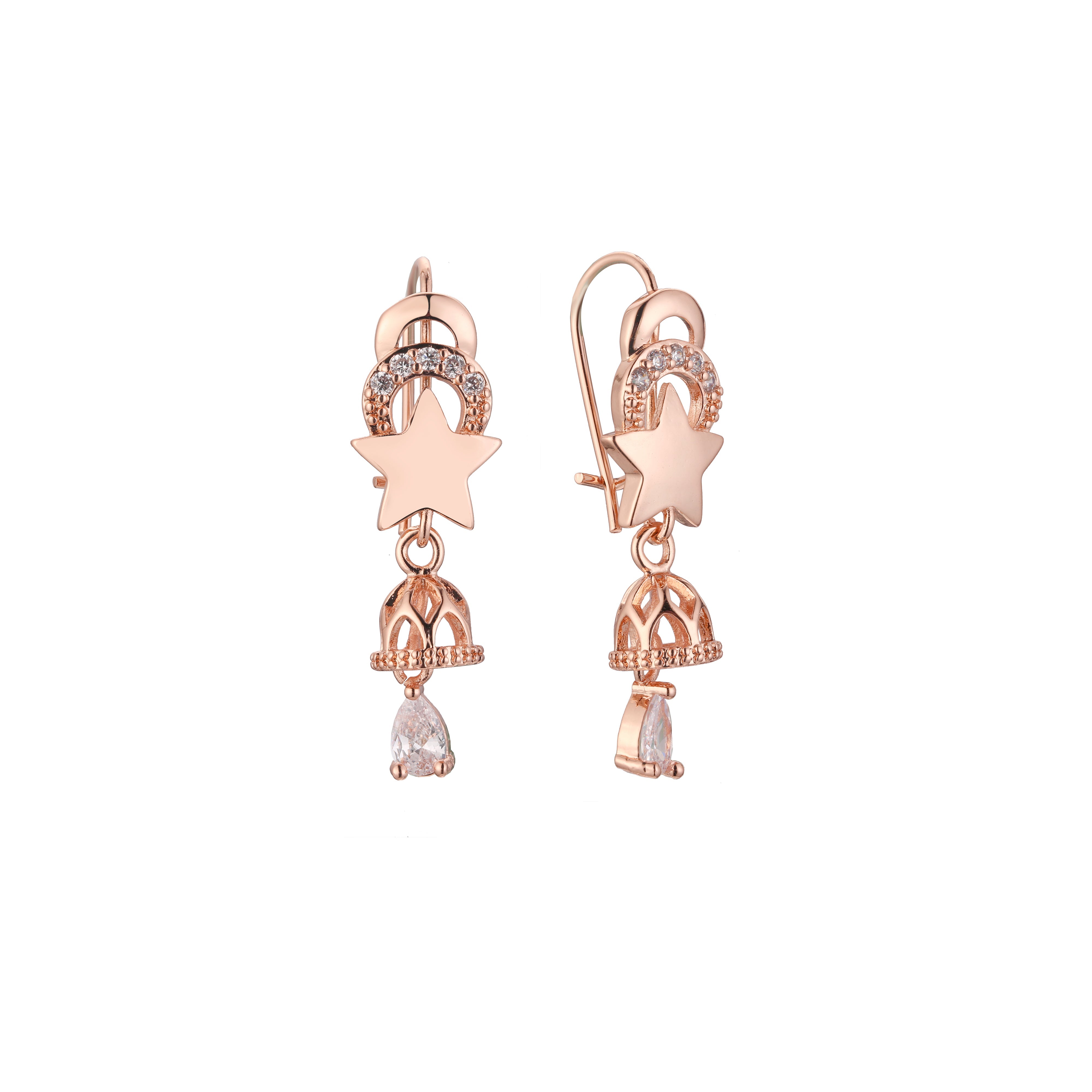 Aretes colgantes tipo candelabro con racimo de estrellas y gancho de alambre en Oro 14K, colores chapados en oro rosa