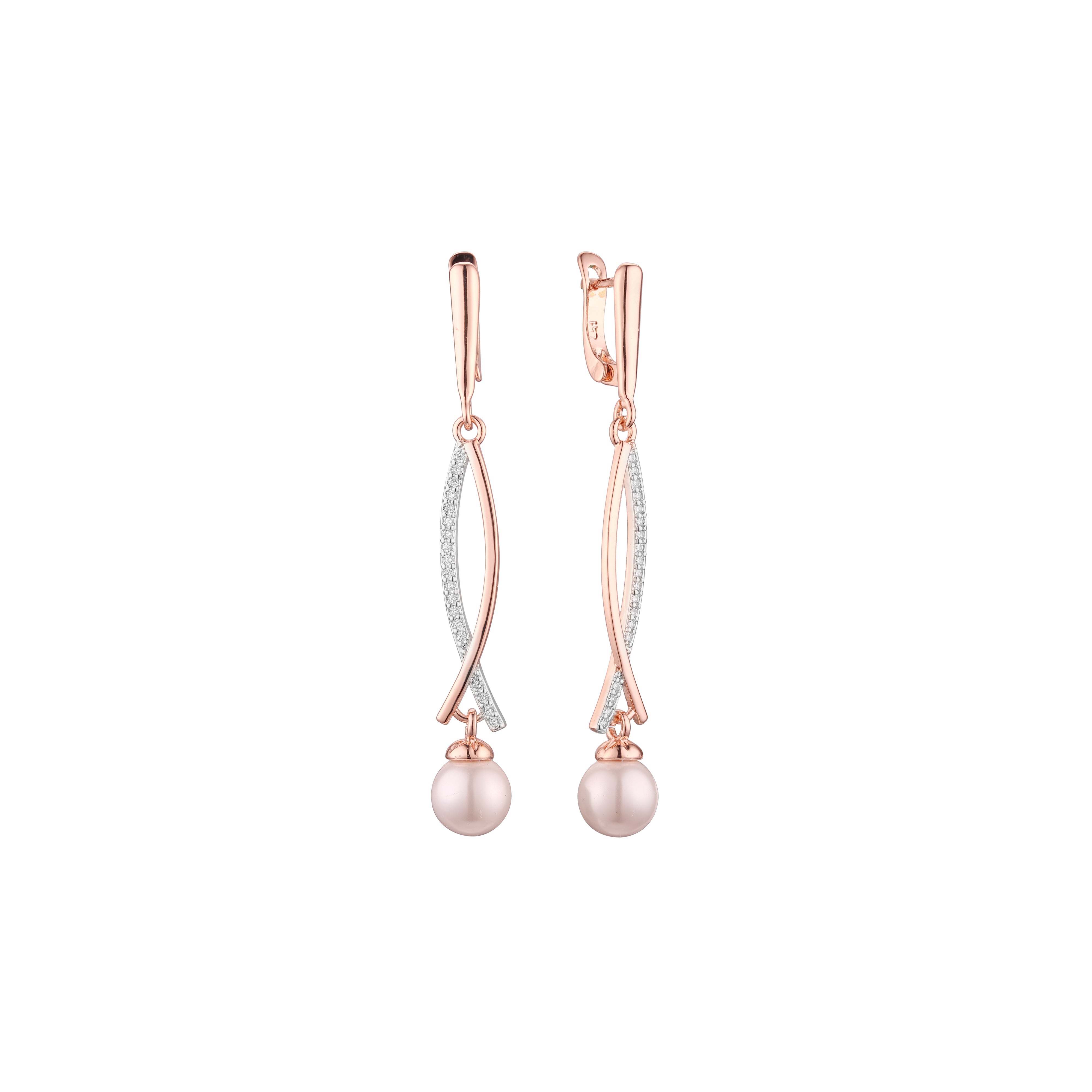 Aretes colgantes de perlas en Oro 14K, oro rosa, baño de dos tonos