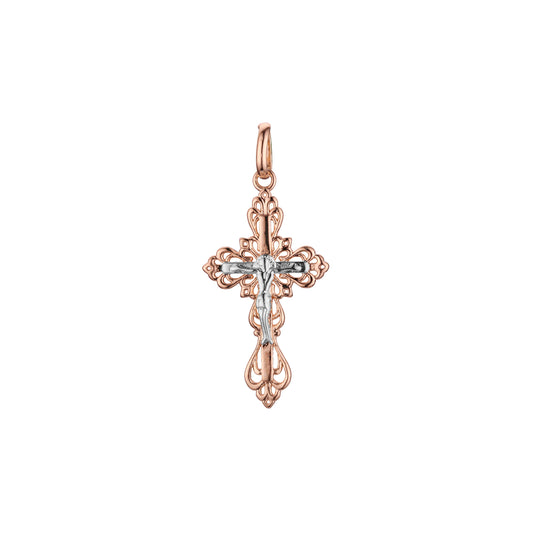 Catholic cross budded pendant in 14K Gold, Rose Gold two tone & White Gold plating colors