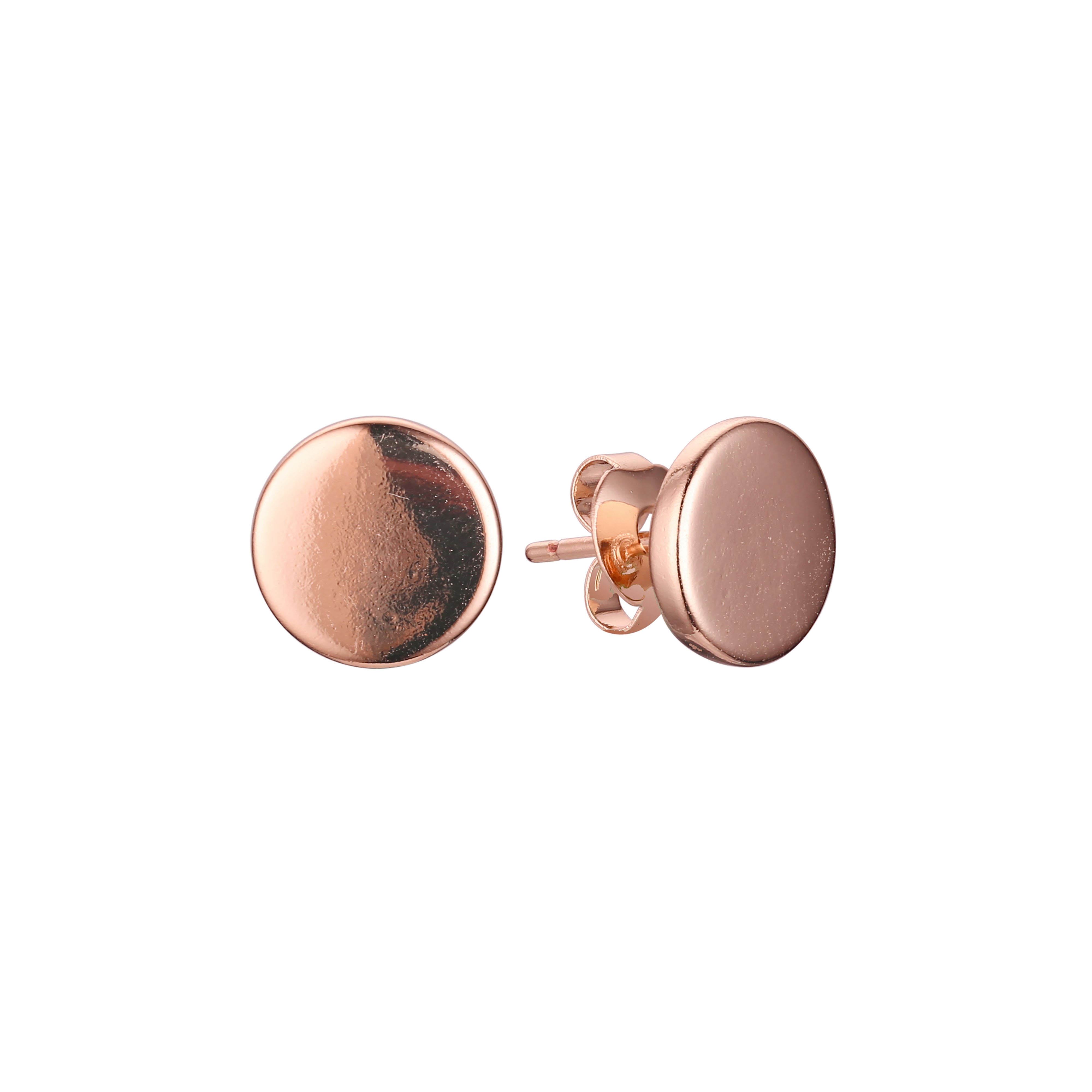 Button disc with flat circle flank stud earrings in 14K Gold, Rose Gold plating colors