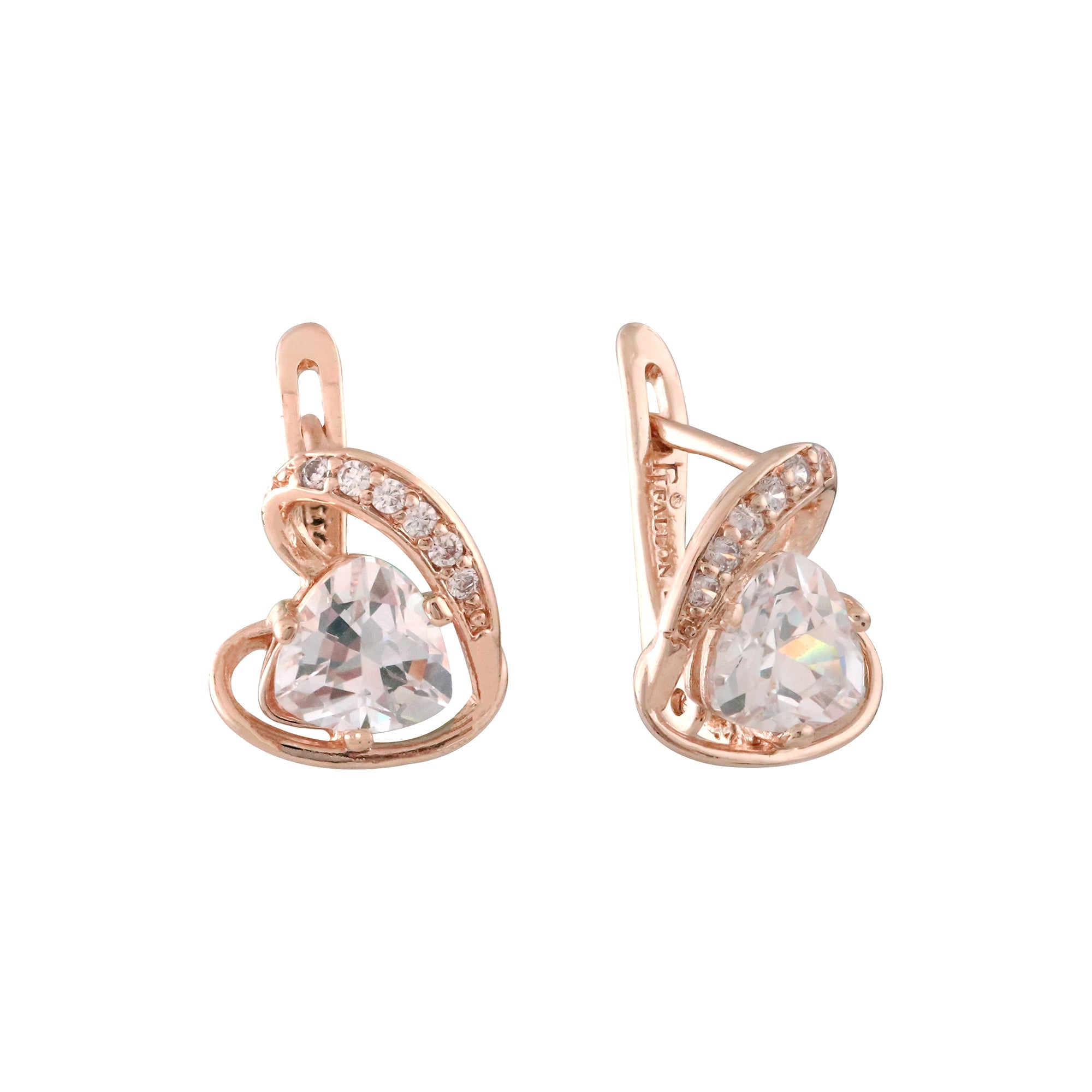 Surrounded solitaire triangular CZ Rose Gold, 14K Gold earrings