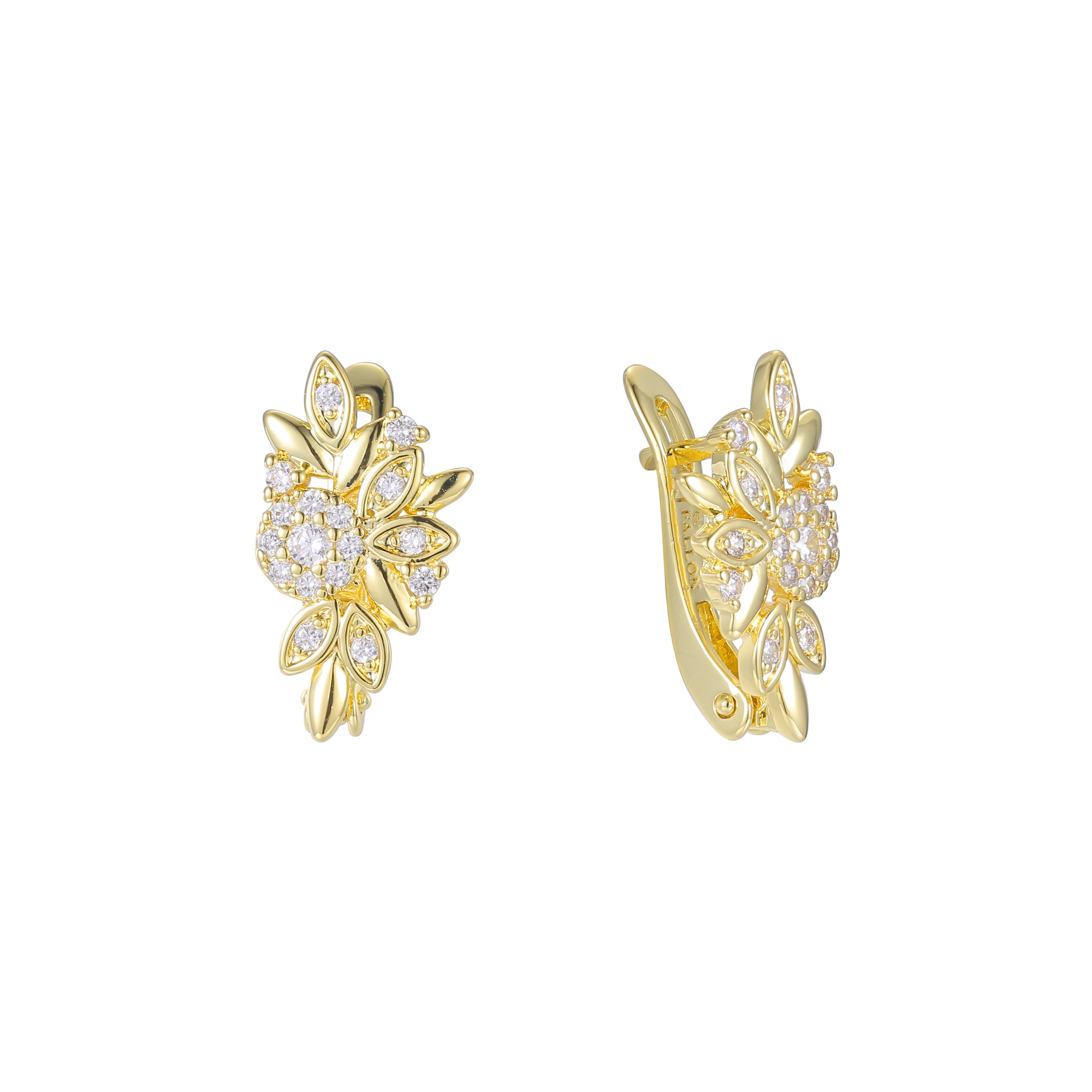 Aretes de racimo de flores y hojas en Oro 14K, oro rosa, baño de dos tonos