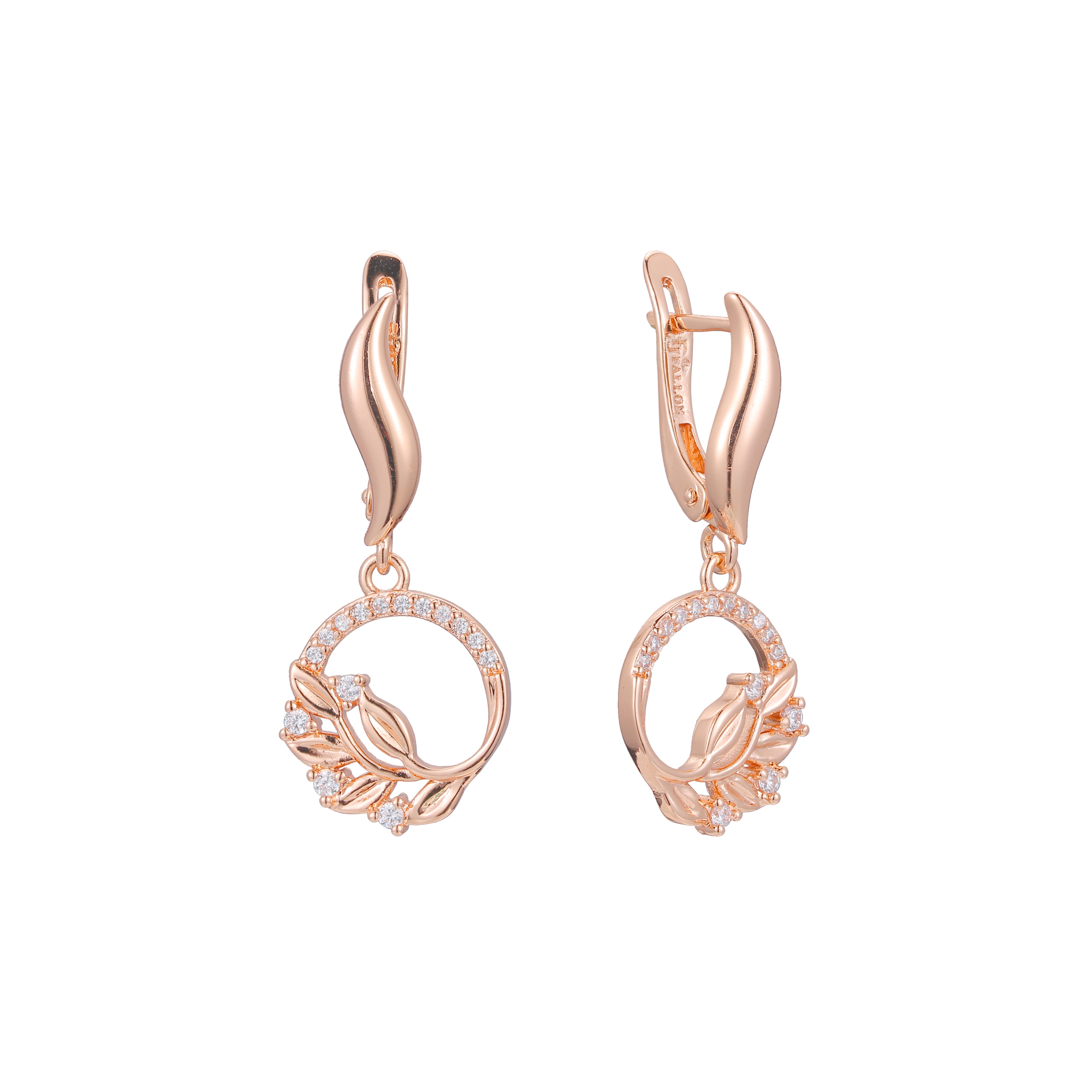 Elegantes aretes de racimo de hojas de vida en Oro 14K, oro rosa, baño de dos tonos