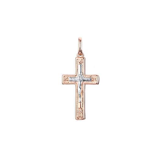 Colgante cruz católica latina en Oro Rosa bicolor, baño de Oro 14K colores