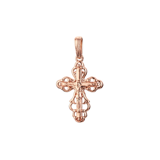 Colgante de cruz católica con capullo en oro rosa y baño de Oro 14K.