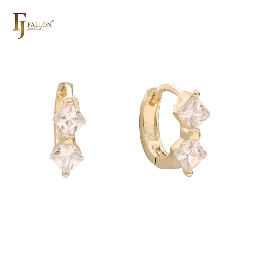 Double rhombus white CZs 14K Gold, 18K Gold Huggie Earrings