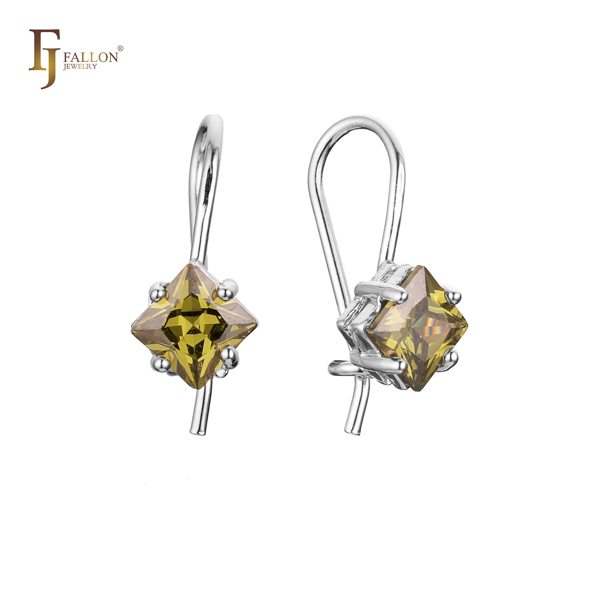 Solitaire squared CZ wire hook earrings in 14K Gold, Rose Gold, plating colors