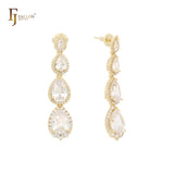 Triple teardrop shaped halo white cluster CZs 14K Gold stud earrings