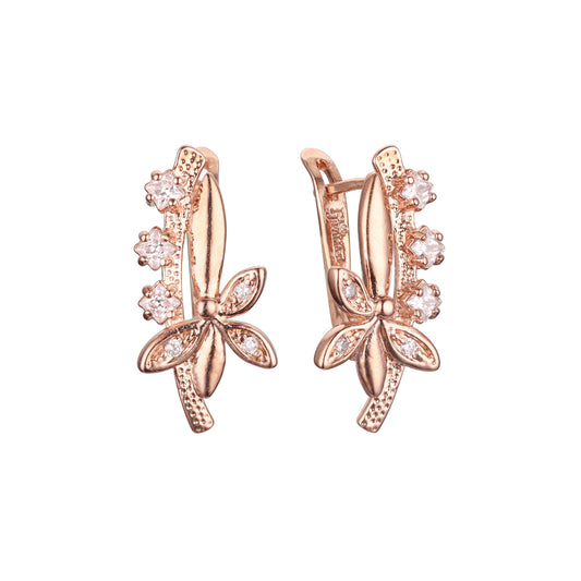 Branch and leaves cluster white CZs Rose Gold earrings