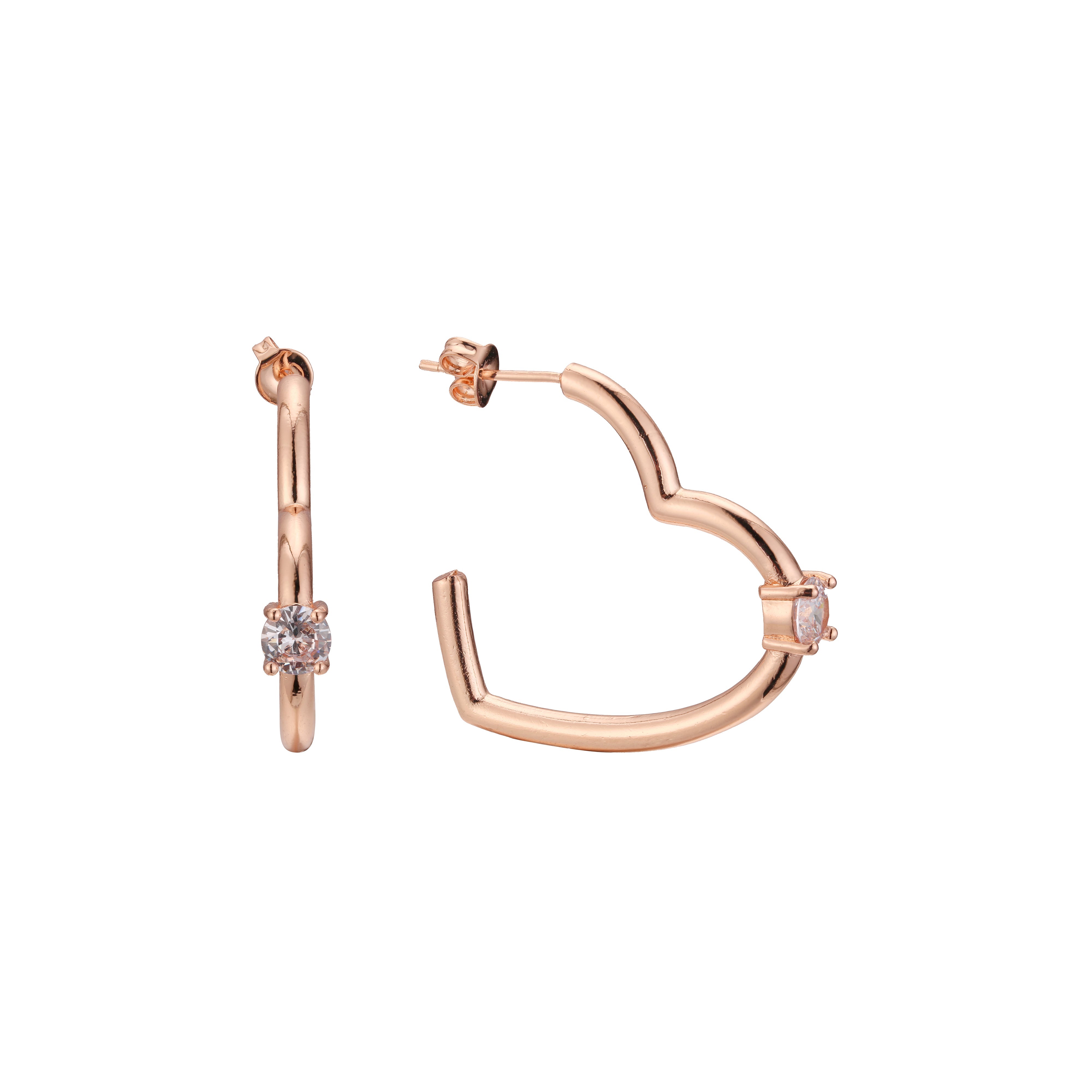 Aretes tipo aro corazón solitario en Oro de 14K, baño de Oro Rosa en colores