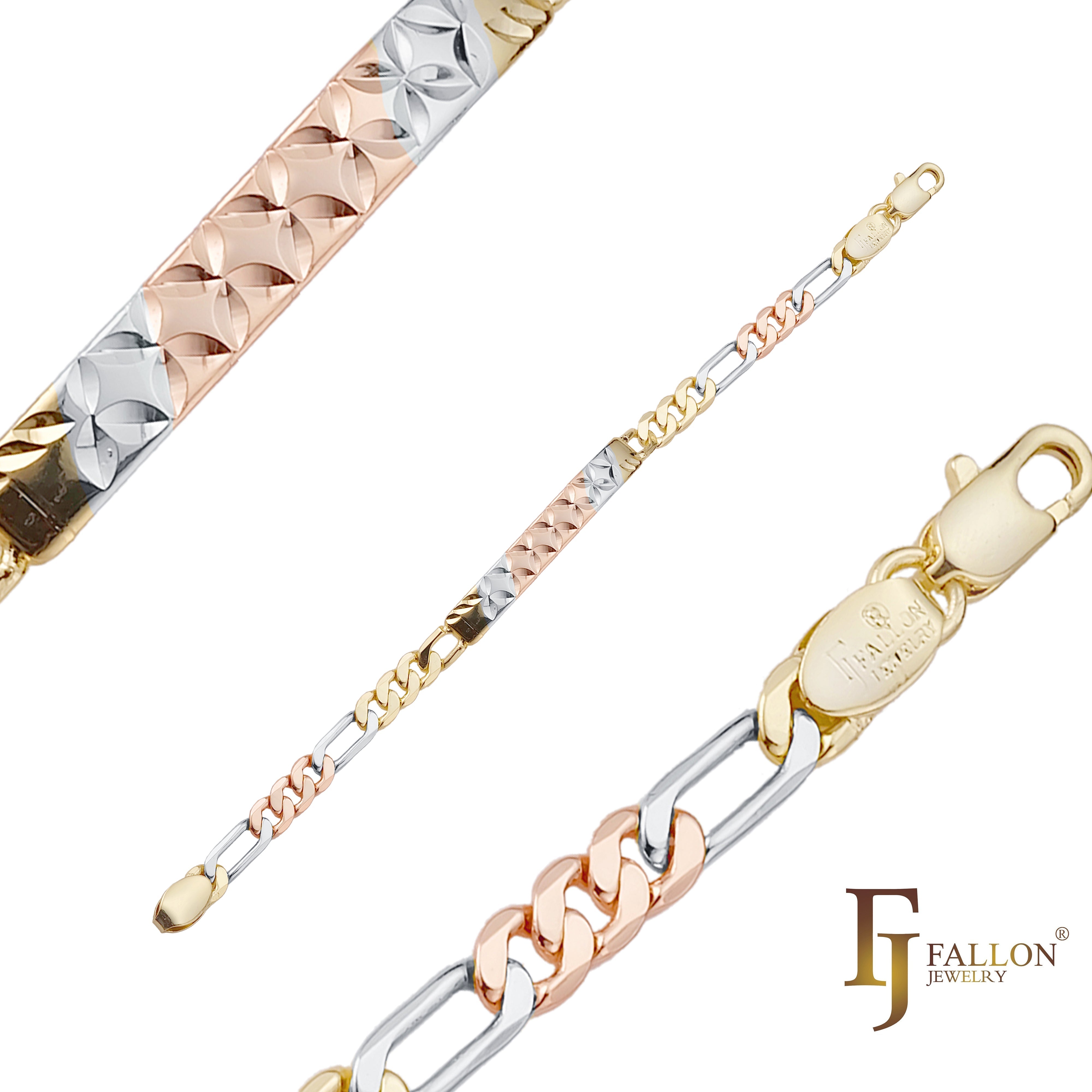 Figaro link 14K Gold, two tone, three tone Men's Clover ID bracelets