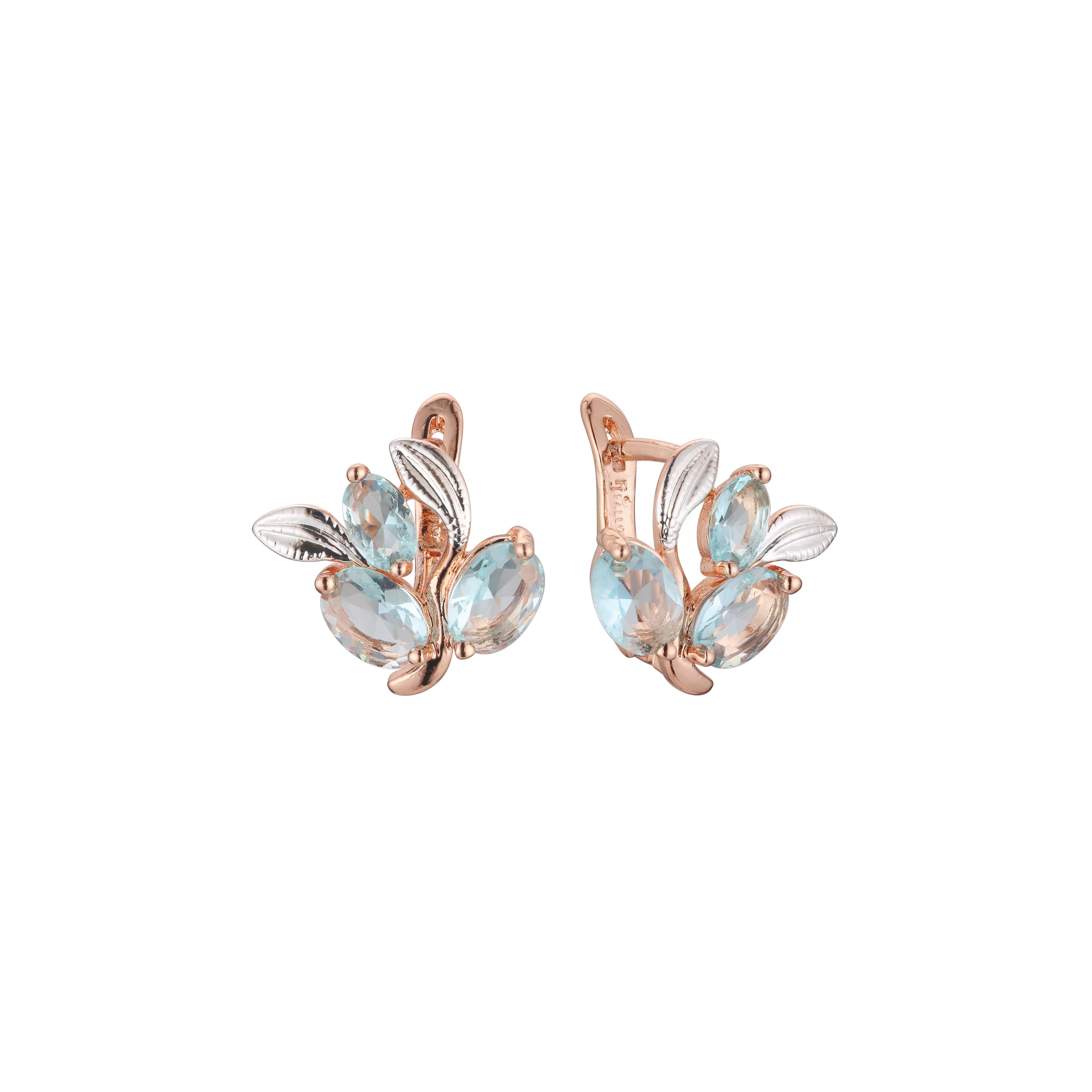 Cluster leaves and CZs Rose Gold, two tone earrings