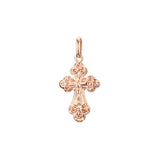 Colgante de cruz católica con capullo en oro rosa y baño de Oro 14K.