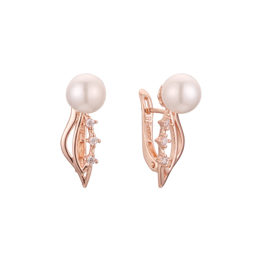 Pearl three stones earrings in 14K Gold, Rose Gold plating colors