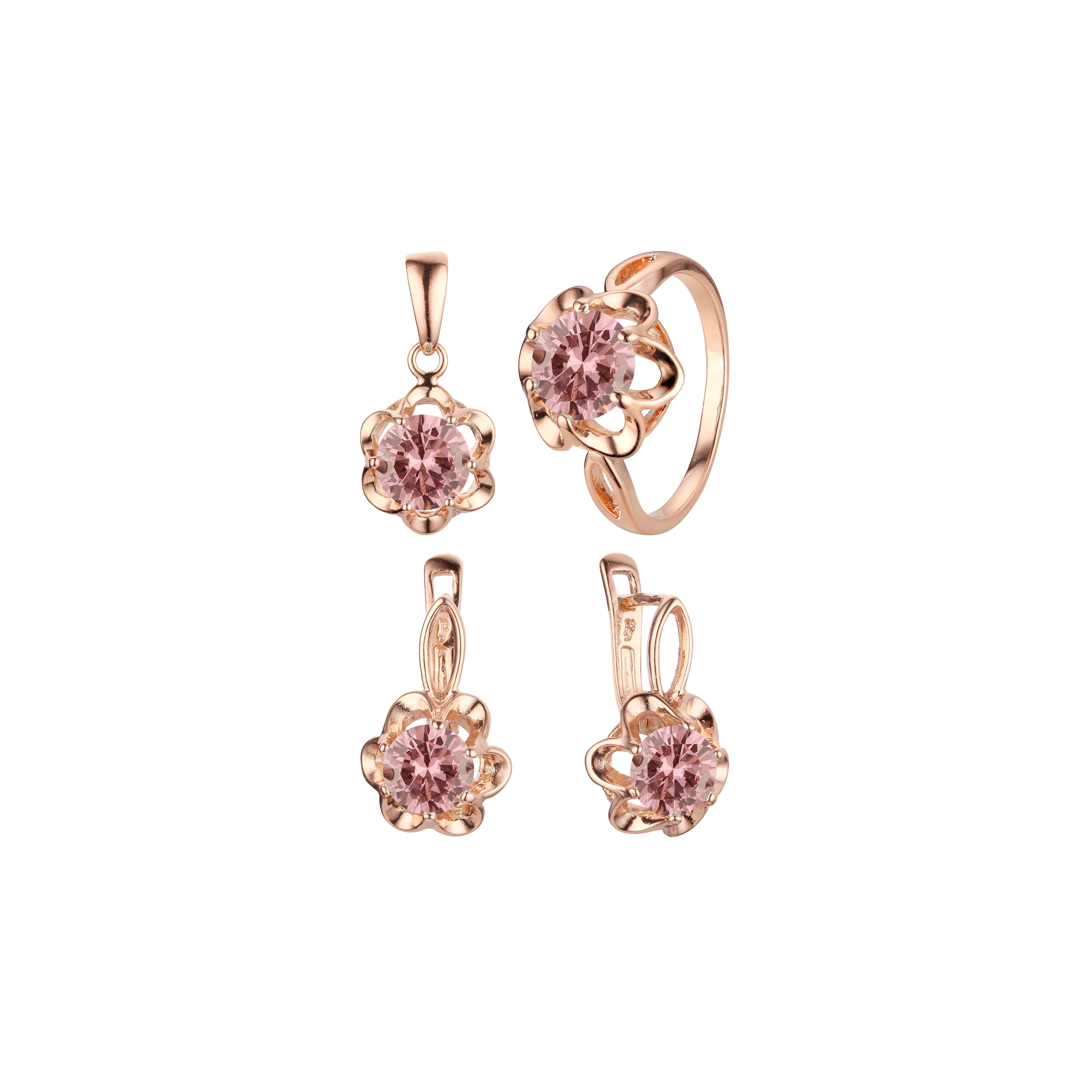 Solitaire flower big stone rings and pendant jewelry set plated in Rose Gold colors