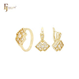 Double rhombus white CZs cluster 14K Gold Jewelry Set with rings