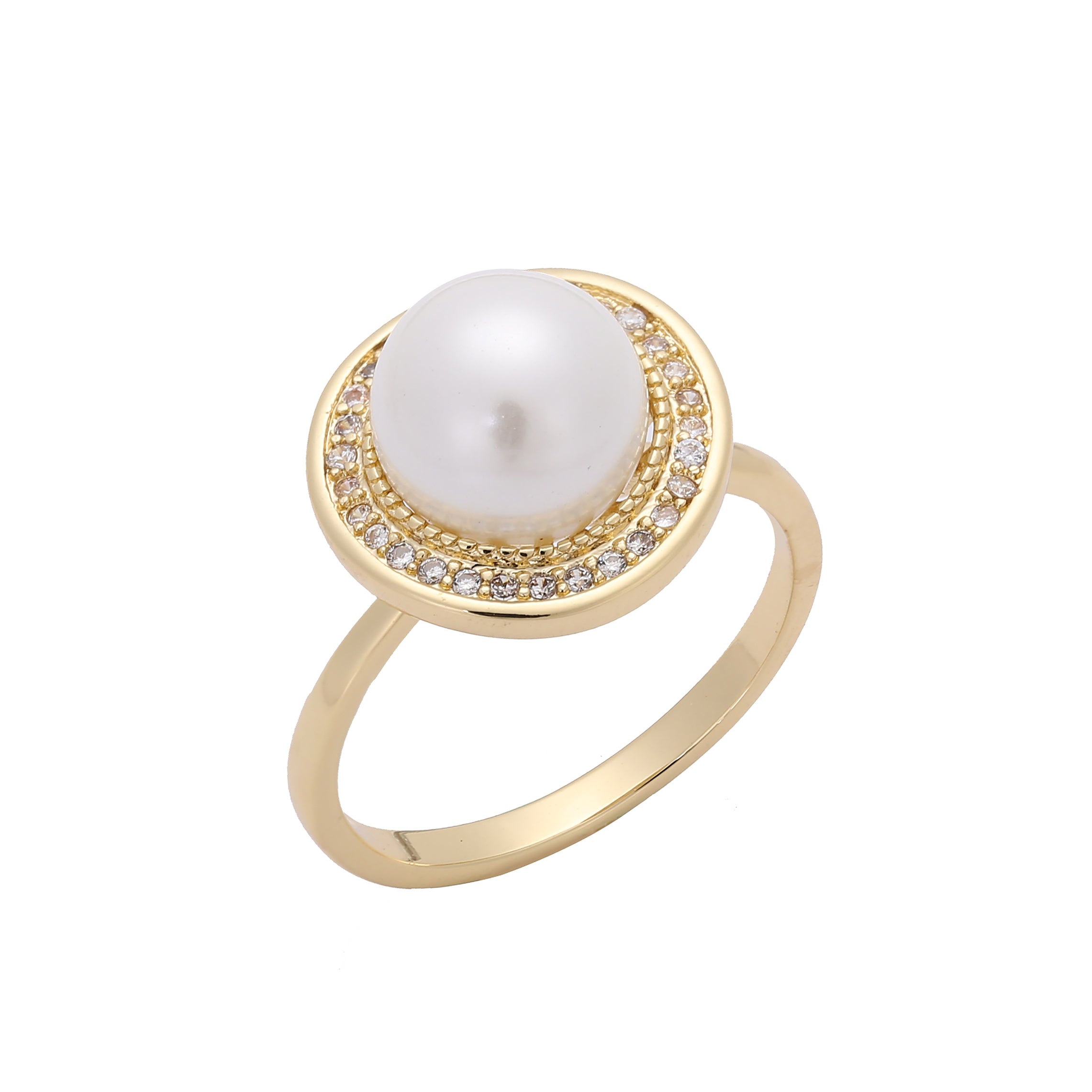 Solitario perla halo pavimentado blanco cz Anillos de oro de 14K