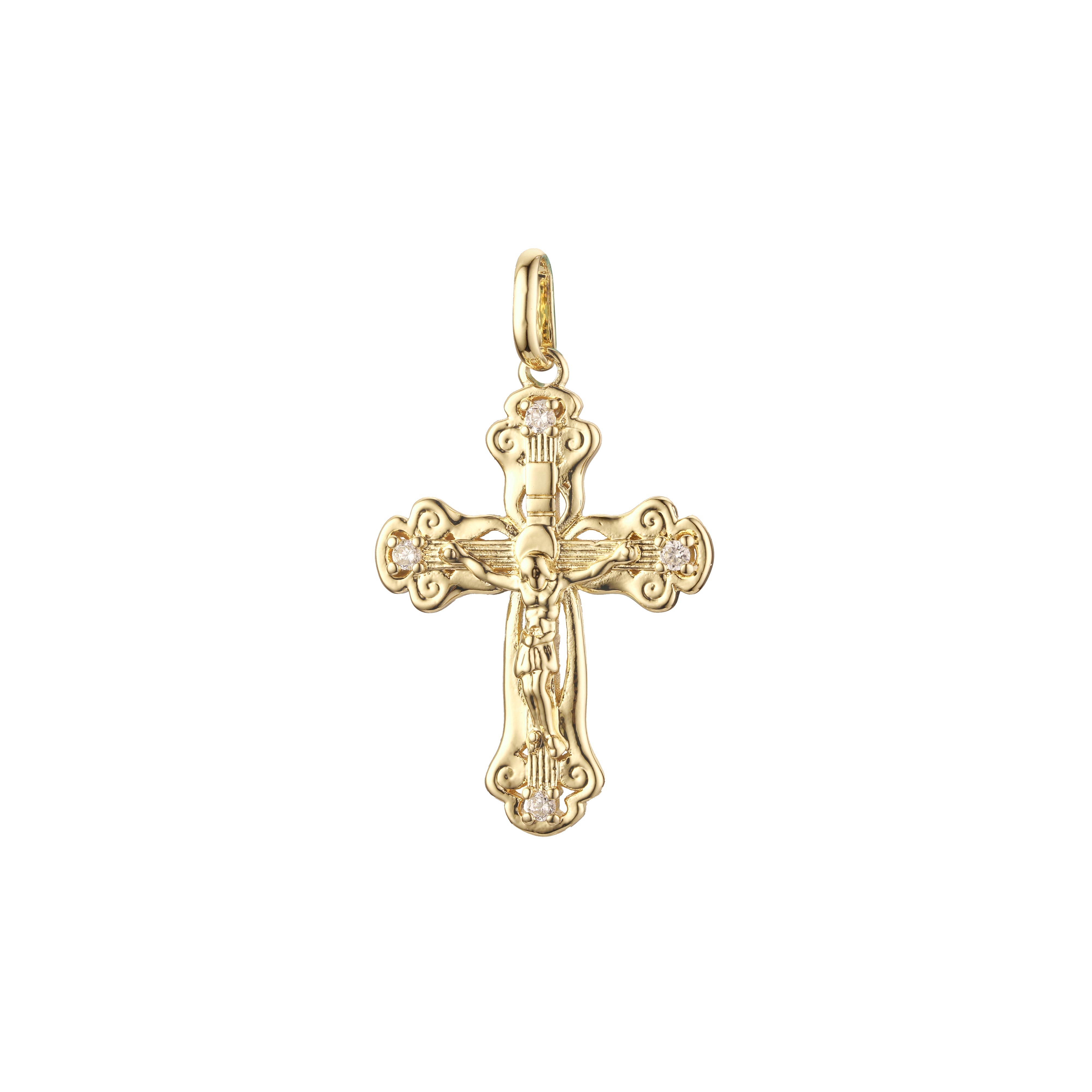 Colgante cruz católica con capullo en Oro de 14K, baño de Oro Rosa bicolor