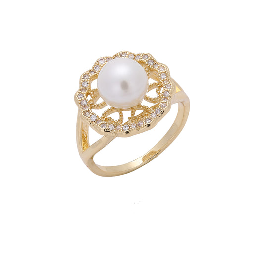 Solitario perla halo corazón pavimentado blanco cz 14K Anillos de oro