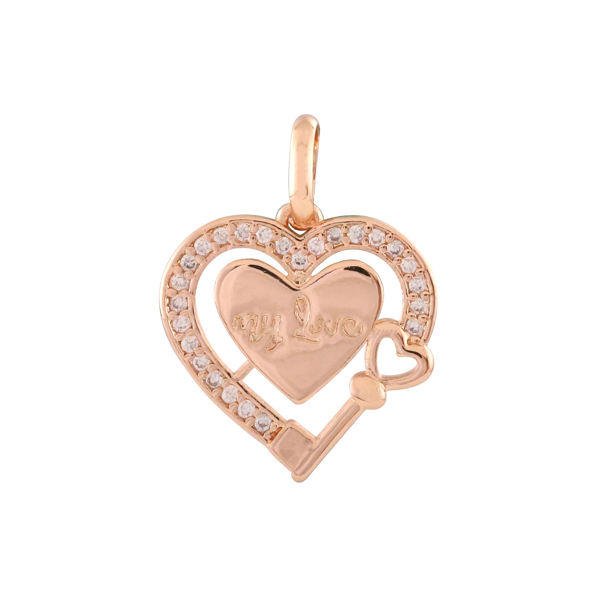 Chave e coração MY LOVE em ouro rosa, ouro 14K, pingente em ouro branco