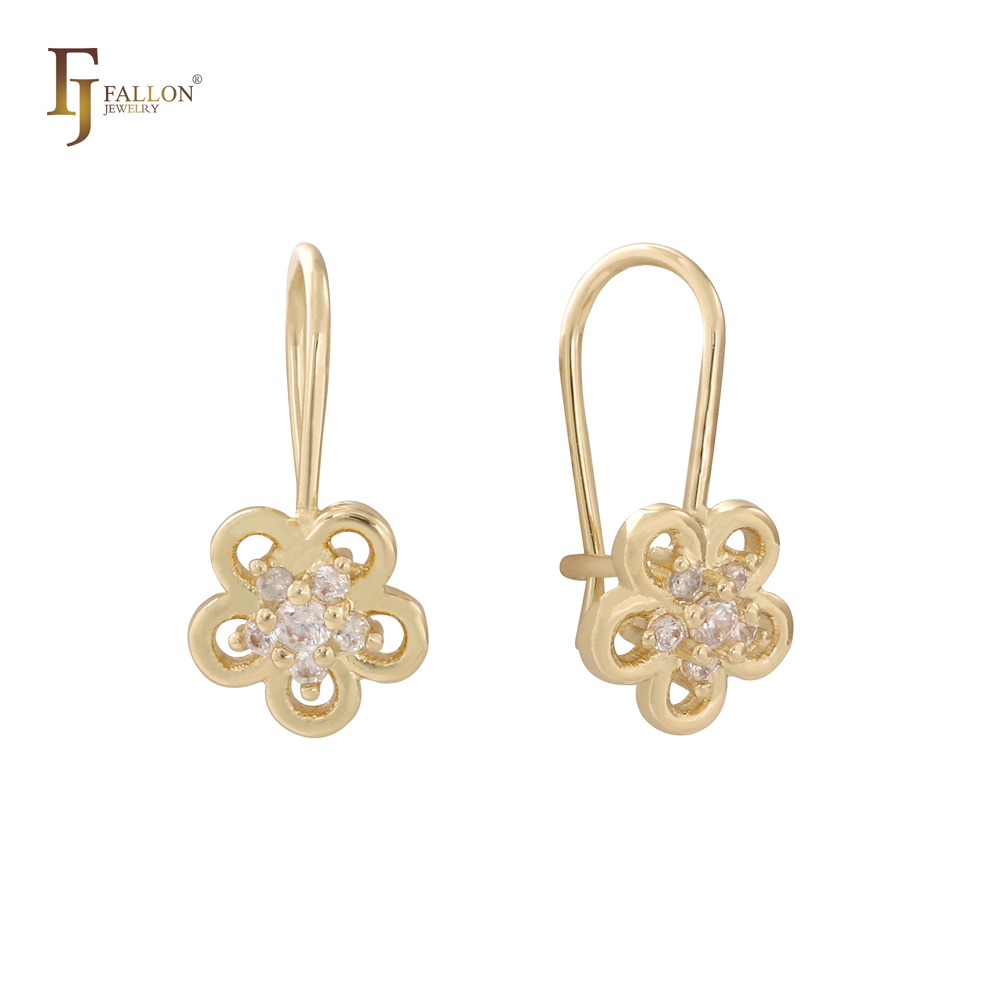 Conjunto de flores com gancho de arame CZs branco em ouro 14K, brincos infantis em ouro branco