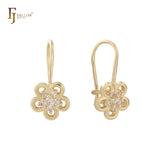 Conjunto de flores com gancho de arame CZs branco em ouro 14K, brincos infantis em ouro branco